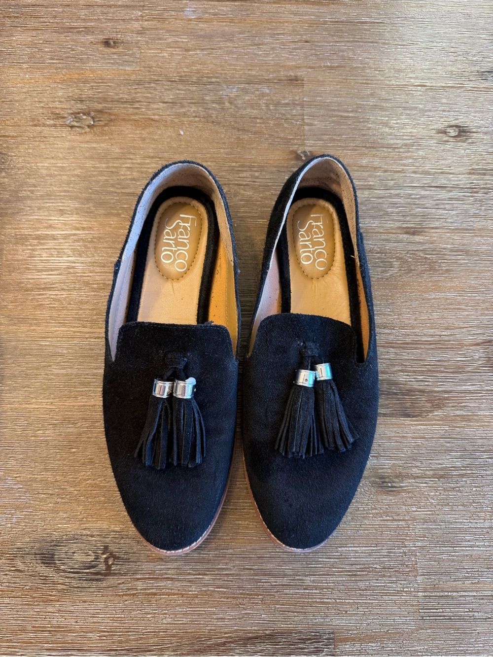 Franco Sarto Black Suede Tassel Slip-On Loafers
